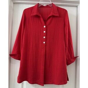 Fridaze Red Collared 3/4 Sleeve 100% Linen Redefined Button Up Shirt Tunic SzS